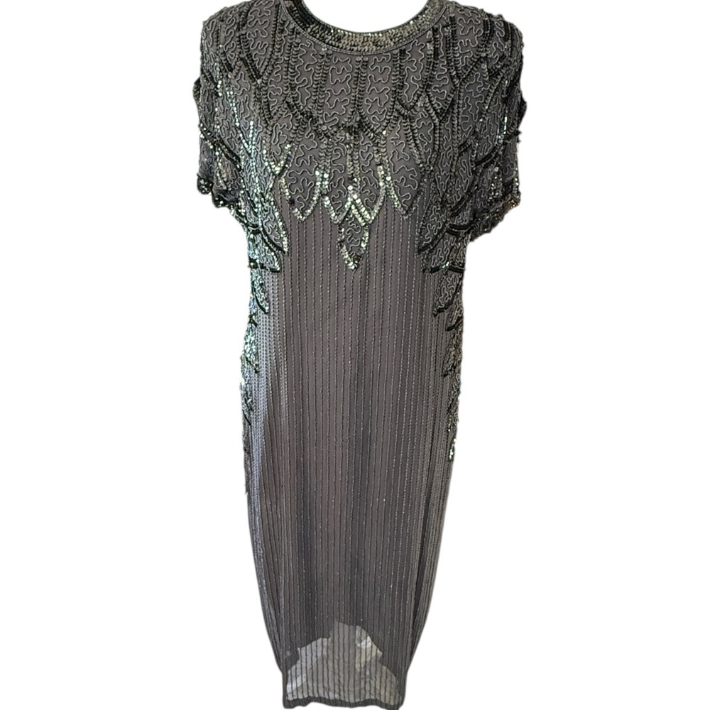 Vintage Oleg Cassini Gray Sequin Midi Dress with Dolman Sleeves Size‎ 12 1980s